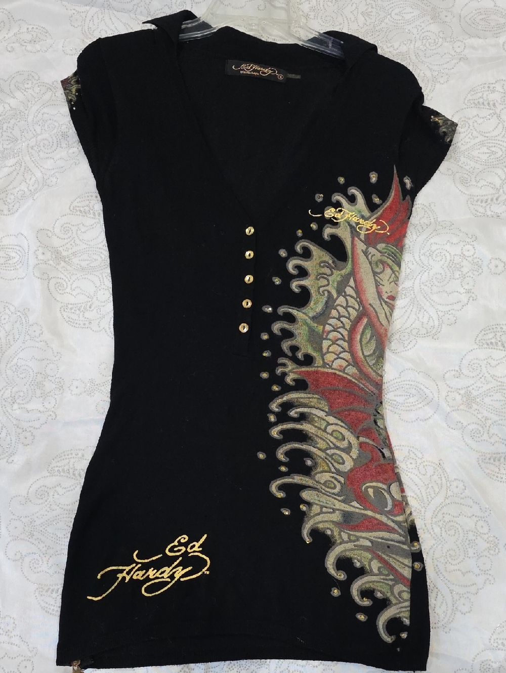 Ed Hardy Black Mini Dress with Red and Gold Dragon Graphic